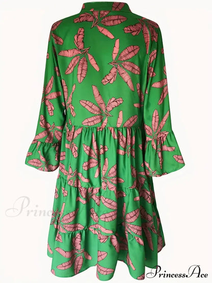 With Arm Long Gown Leaves Full-Length Tiered Print S / Blue Long Sleeve Print Dress