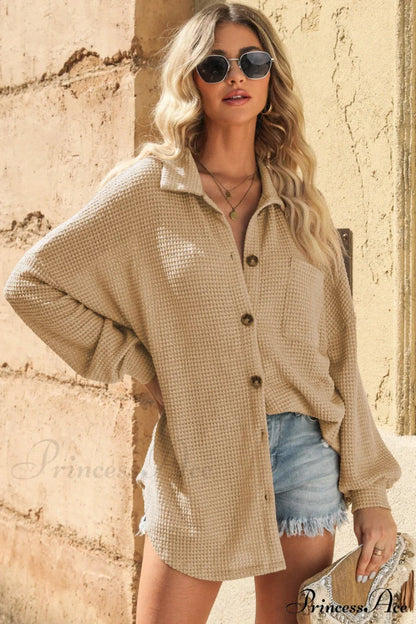 Waffle-Knit Collared Neck Dropped Shoulder Shirt Sand clothes Jacket Jackets & Coats long sleeve shirts long sleeve top Ship From Overseas Sweater sweaters Sweatshirt SYNZ trend