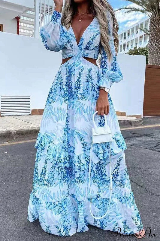 With Long Gown Bachelorette Design V-Neck Flowered Full-Length Sleeves S / Blue Blue Print Maxi
