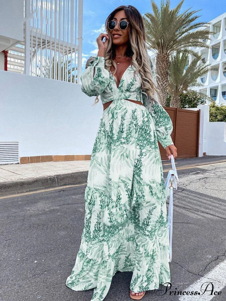 With Long Gown Bachelorette Design V-Neck Flowered Full-Length Sleeves S / Yellow Blue Print Maxi