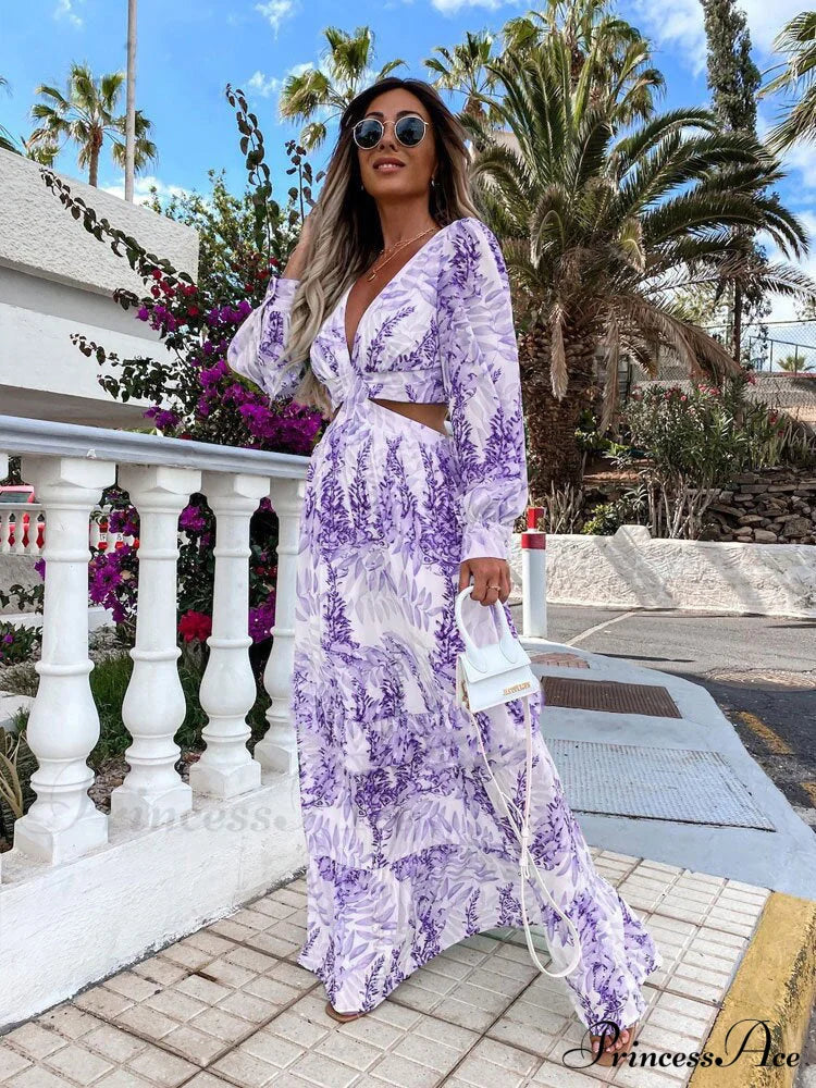 With Long Gown Bachelorette Design V-Neck Flowered Full-Length Sleeves S / Pink Blue Print Maxi
