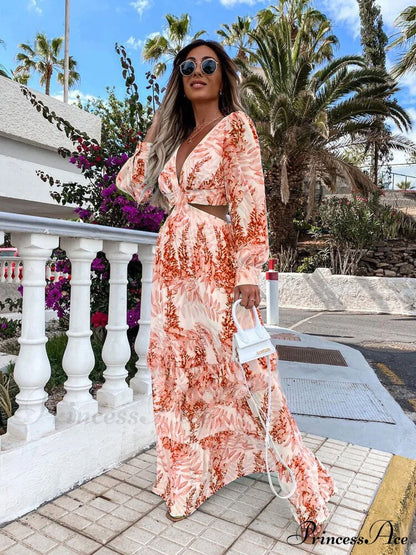 With Long Gown Bachelorette Design V-Neck Flowered Full-Length Sleeves M / Blue Blue Print Maxi