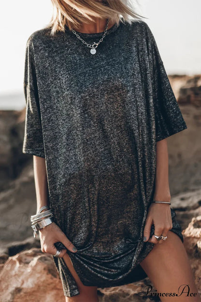 With Neck O Solid T-Shirt Casual Slit Black / S Tops/Tees & T-Shirts