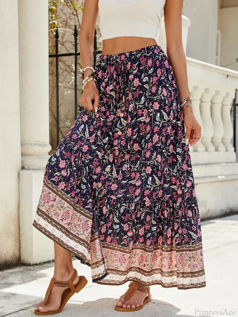 Women Boho Maxi Skirts Button Down Floral A-line Hippie Chic skirt-250126