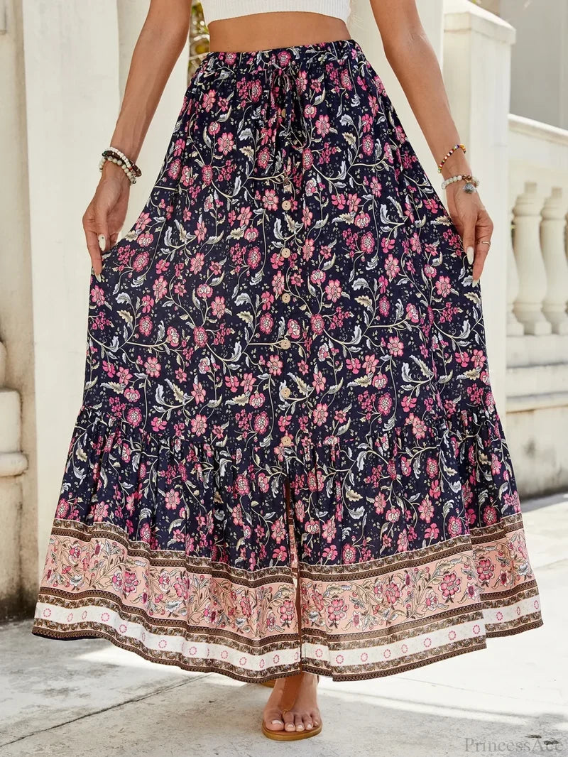Women Boho Maxi Skirts Button Down Floral A-line Hippie Chic Navy Blue / S skirt-250126