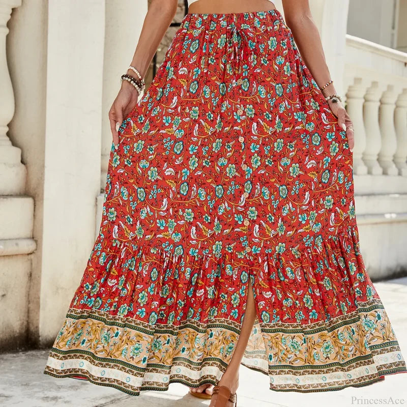 Women Boho Maxi Skirts Button Down Floral A-line Hippie Chic Red / S skirt-250126