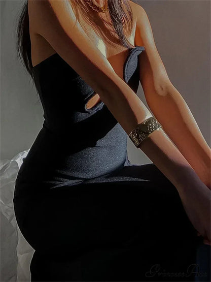 Women Elegant Low Cut Black Solid Sleeveless Satrpless Off Shoulder Push Up High Split Vestidos