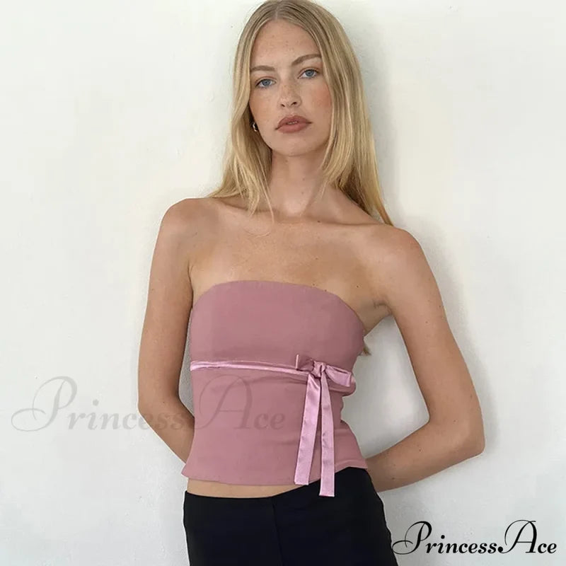 Women 2024 Harajuku Pullover Strapless Bowtie Patchwork Skinny Crops Camisole Shirt Outfits Tank