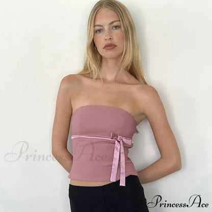 Women 2024 Harajuku Pullover Strapless Bowtie Patchwork Skinny Crops Camisole Shirt Outfits Tank