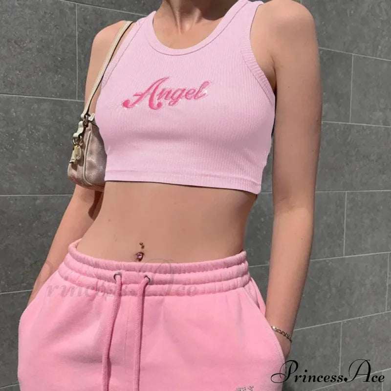 Women Letter Embroidery Vest Summer Sleeveless Crop For Ladies Tank Top