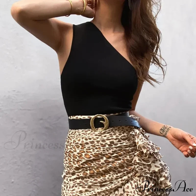 Women Sports Crops Vest Casual Female One Shoulder Summer Outfitss Fitness Elastic Tank Top Black /