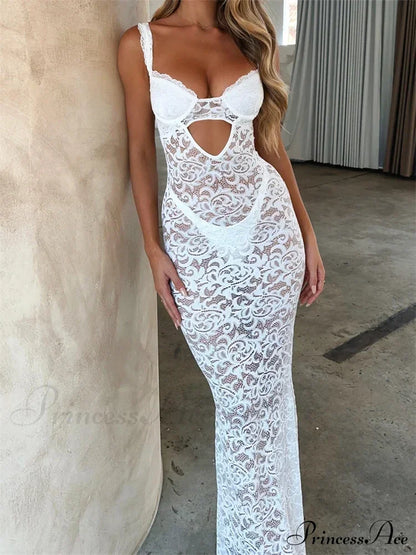 Women Summer V-Neck Sleeveless Strap Backless Mesh See Through Lace Floral Hollow Out Party New