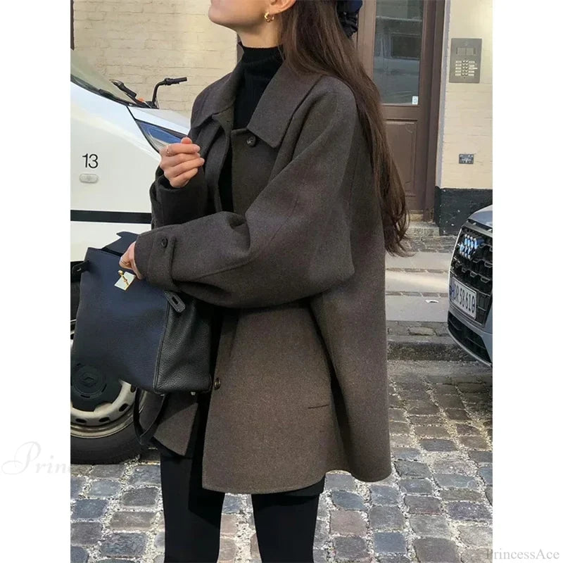 Wool Blends Vintage Korean Streetwear Overcoat Brown / One Size