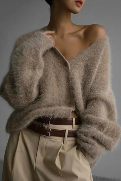 Wool Loose V-neck Long Sleeve Cardigan Khaki / S