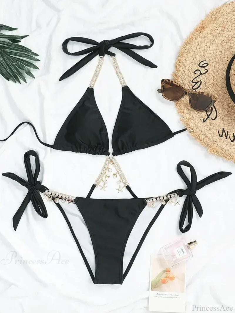 Wrap Around Metal Chains Bikini Set Black / S
