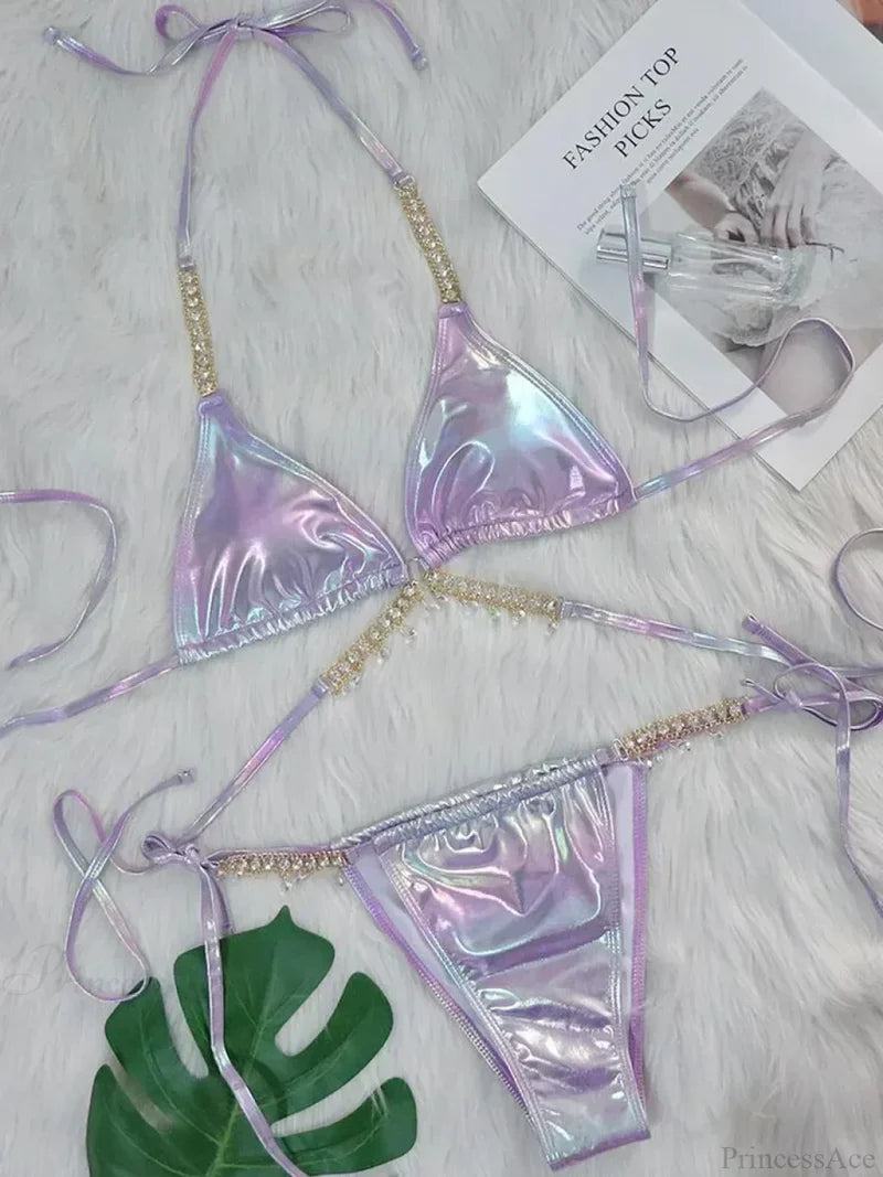 Wrap Around Metal Chains Bikini Set Purple / S