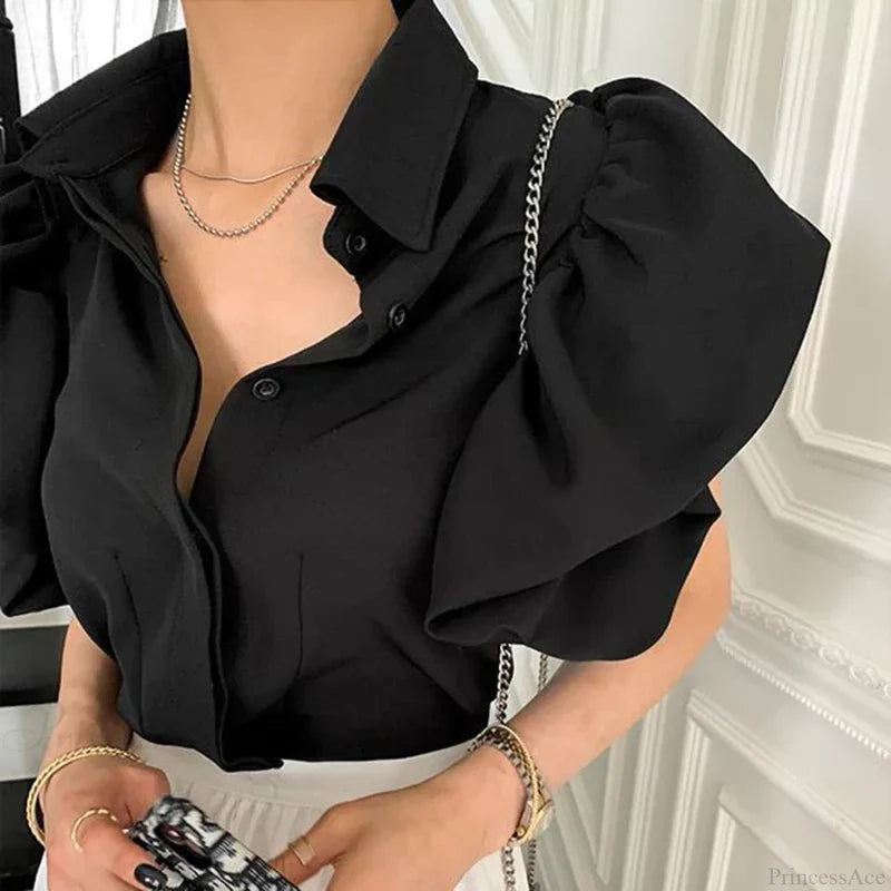 Y2K Chiffon Black Puff Sleeve Casual Korean Blouse Black / S blouse-250126