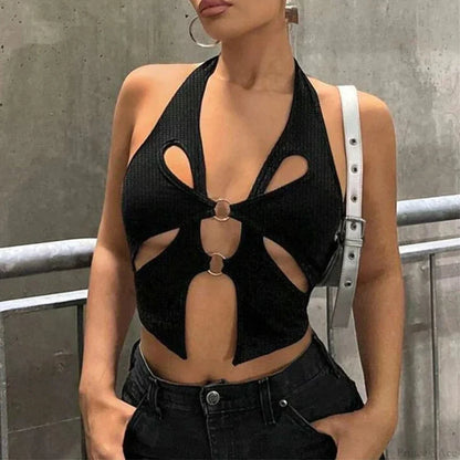 Y2K Circular Camisole Grunge Crop Top Black / S