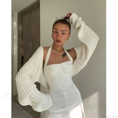 Y2K Drop Shoulder Crop Top Knit Cardigan WHITE / One Size