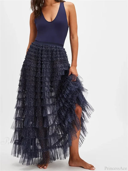 Y2K Fairycore Ruffle Maxi Slip Skirt Elastic Lace Tulle Tutu Lake Blue / S skirt-250126