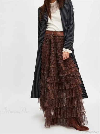 Y2K Fairycore Ruffle Maxi Slip Skirt Elastic Lace Tulle Tutu skirt-250126