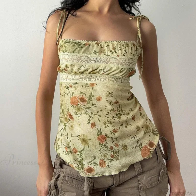 Y2K Floral Print Contrast Lace Patchwork Lace-up Coquette Grunge Crop Top Green / S croptop-250126