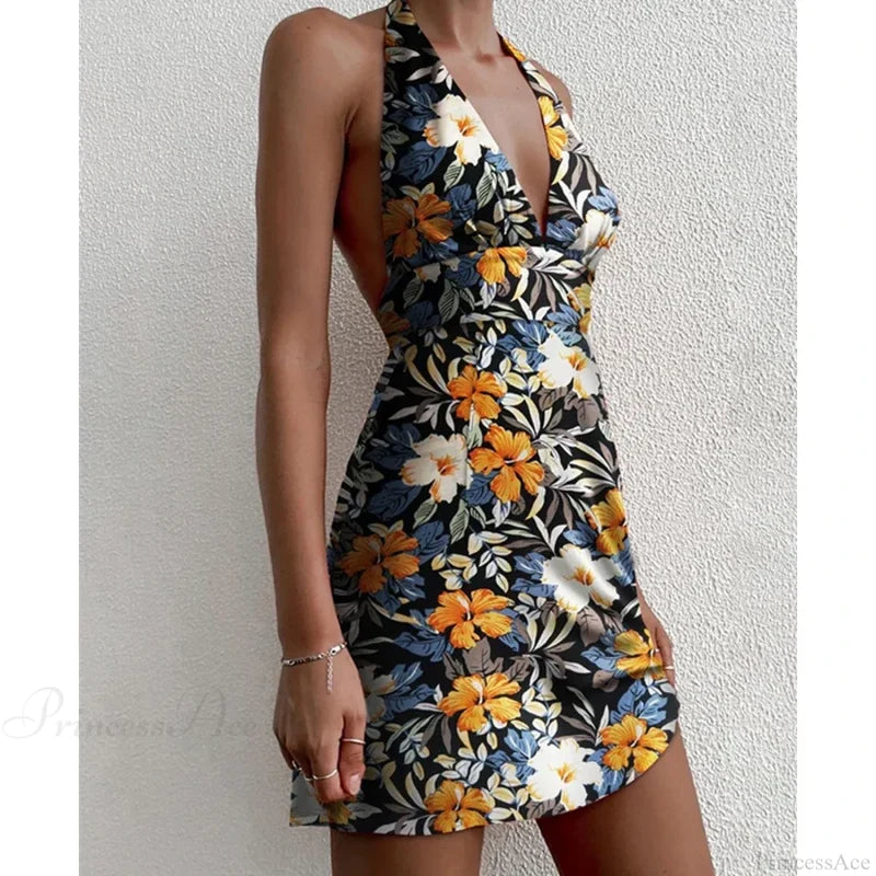 Y2K Floral Sleeveless Halter Neck Backless Floral Dress RED / S floraldress-250126