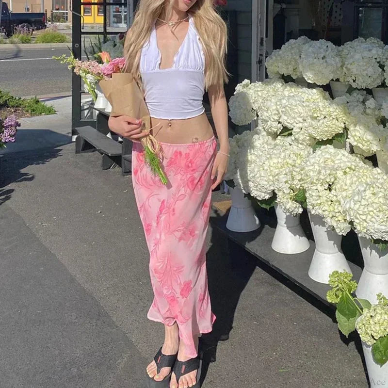 Y2K Floral Straight Leg Loose Slim Low Waist Summer Skirt PINK / S skirt-250126