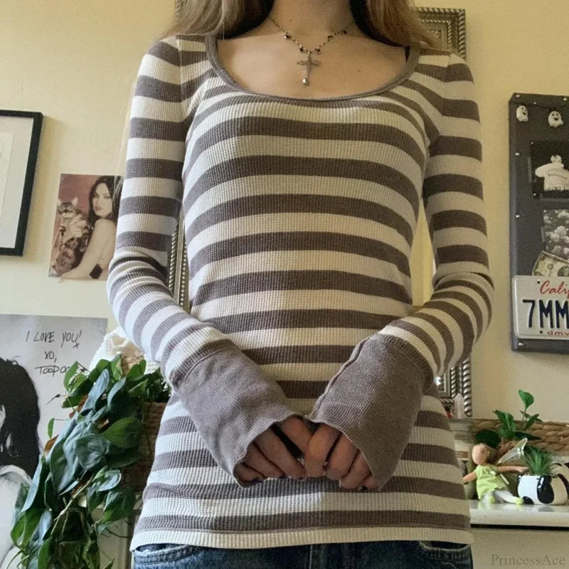 Y2K Grunge Striped Crew Neck Fall Slim Fit Knit Top knittop-250126