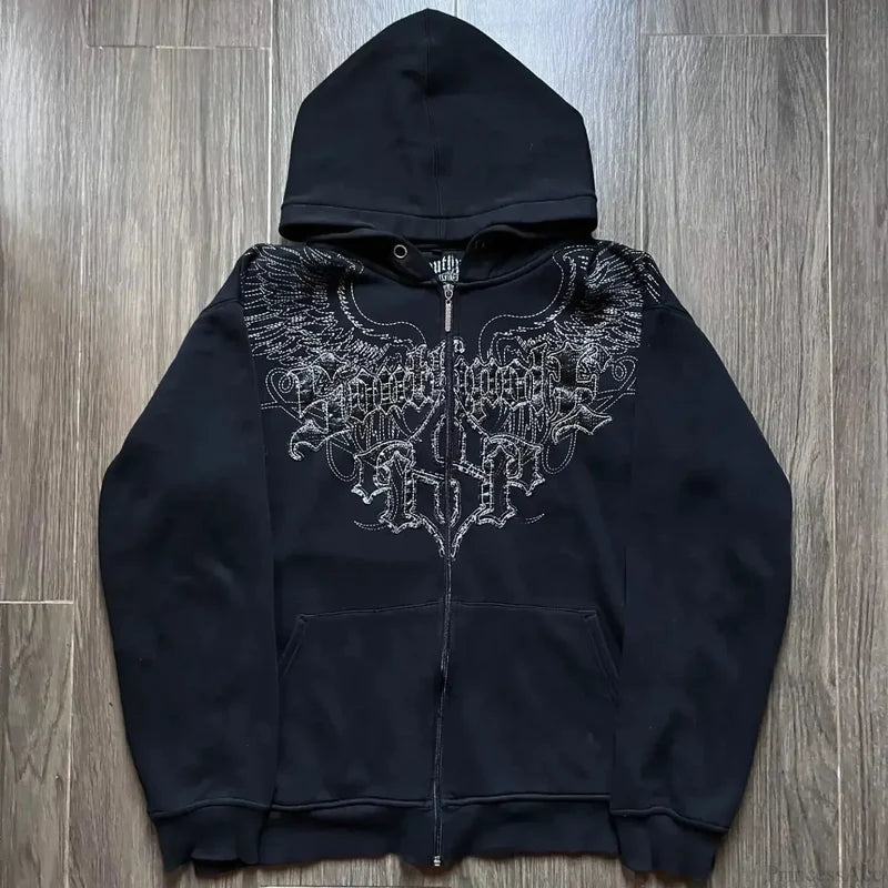 Y2K Mysterious Needlework Zipper Hoodie black2 / M