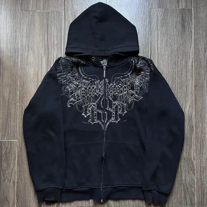 Y2K Mysterious Needlework Zipper Hoodie black2 / M