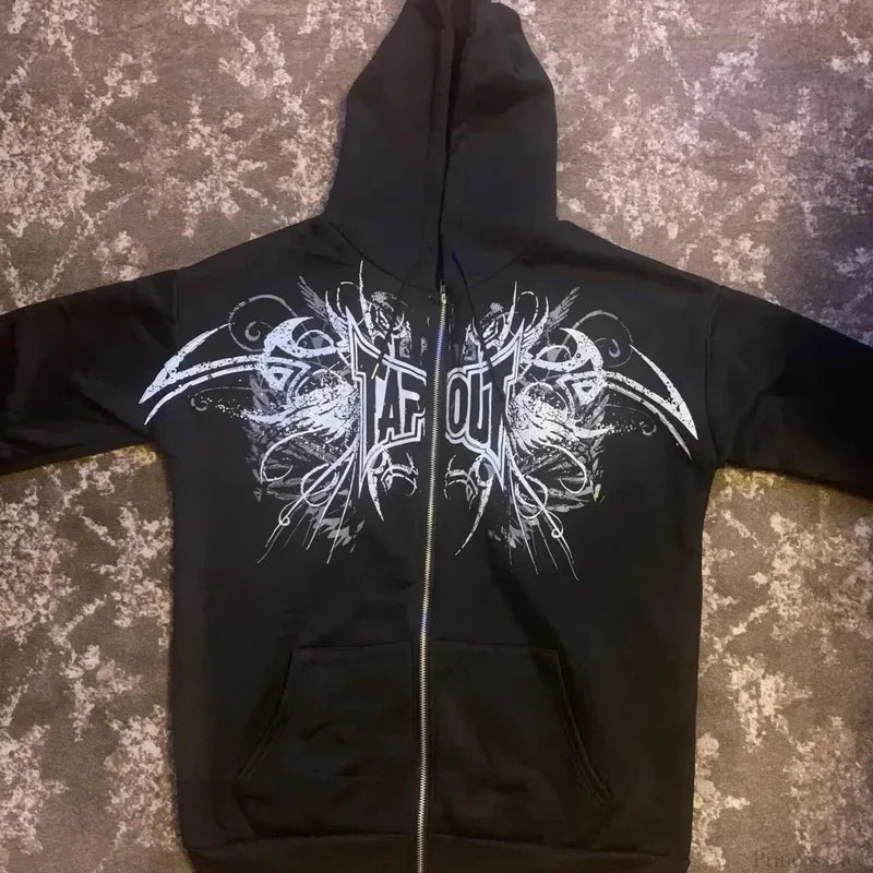 Y2K Mysterious Visual Zipper Hoodie black3 / S