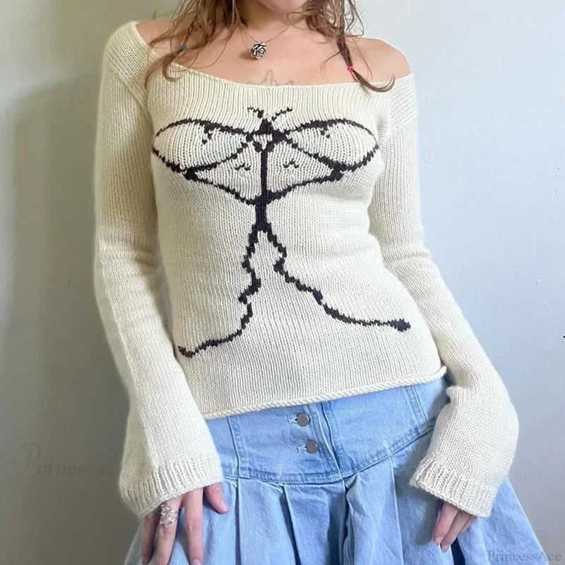 Y2K Off Shoulder Bow Graphic Pullover Knit Top WHITE / S knittop-250126
