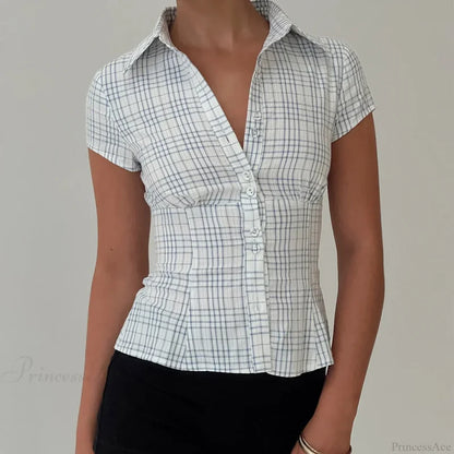 Y2K Plaid Button Down Short Sleeve Blouse Blue / S blouse-250223