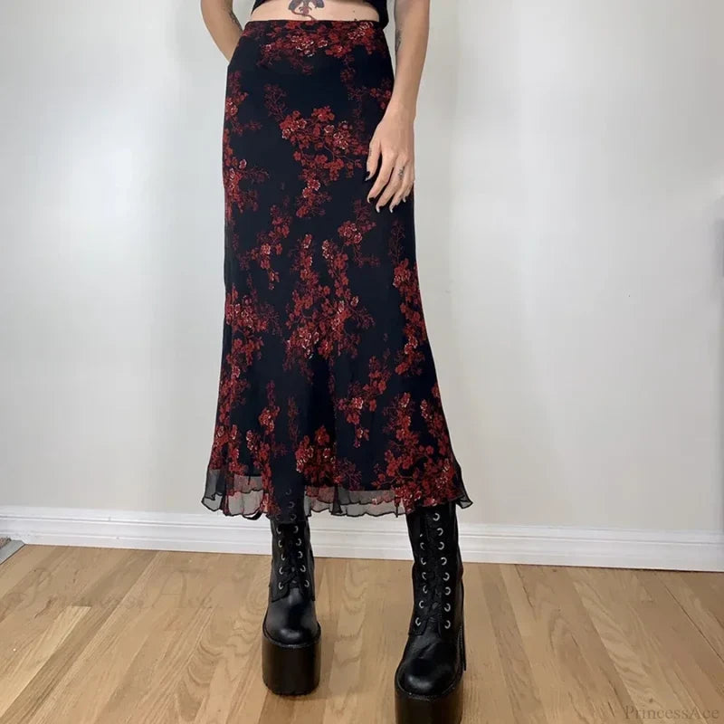 Y2K Retro Floral Printed High Waist Ruffled Women’s Long Skirt A / S skirt-250126