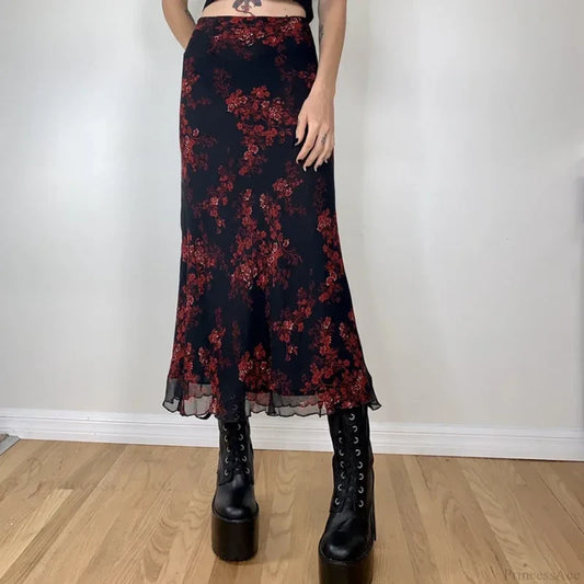 Y2K Retro Floral Printed High Waist Ruffled Women’s Long Skirt A / S skirt-250126