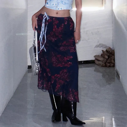 Y2K Retro Floral Printed High Waist Ruffled Women’s Long Skirt skirt-250126