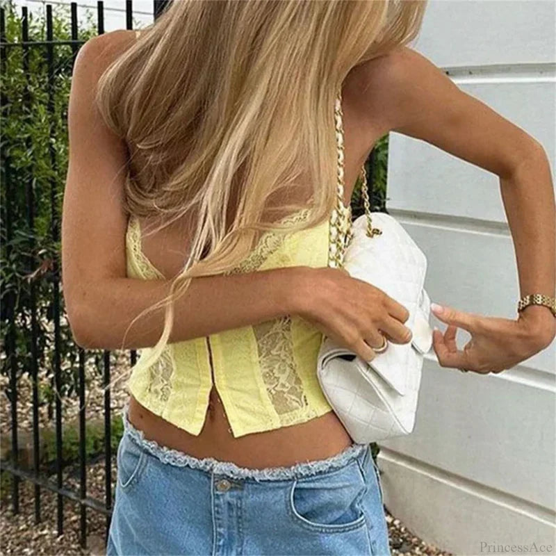 Y2K V-neck Bustier Vintage Lace Trim Backless Slim Fit Camisole Crop Top croptop-250126