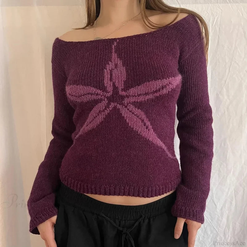 Y2K Vintage Off Shoulder Slim Fit Aesthetic Knit Top Lavender / S knittop-250126