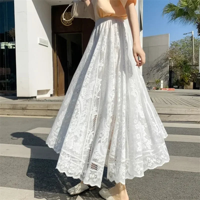 Y2K Women’s Lace Crochet Umbrella Long Skirt Bohemian High Waist skirt-250126