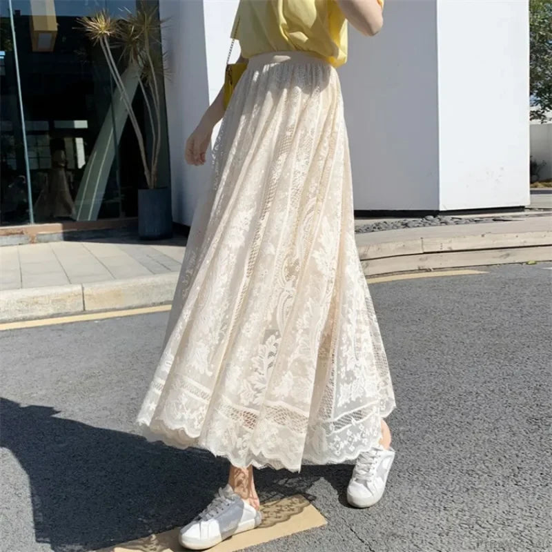 Y2K Women’s Lace Crochet Umbrella Long Skirt Bohemian High Waist skirt-250126
